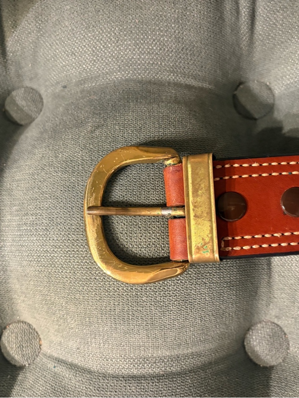 Bianchi Western Belt Brown Brass Buckle Geometric Stitching Men's ~ Size 45in - Picture 6 of 14
